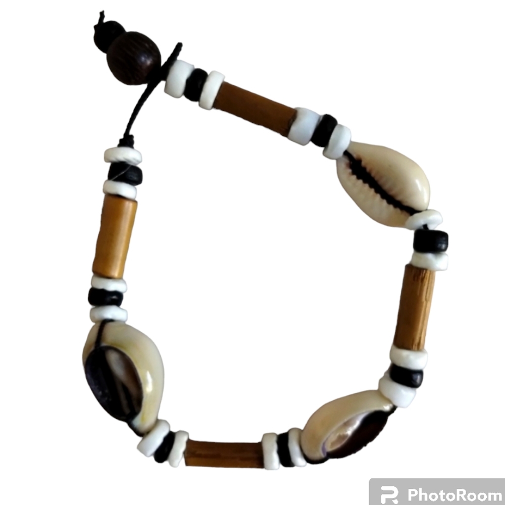 Boho Cowrie Shell Bracelet with Wooden Beads Adjustable Coastal Beach Jewelry
